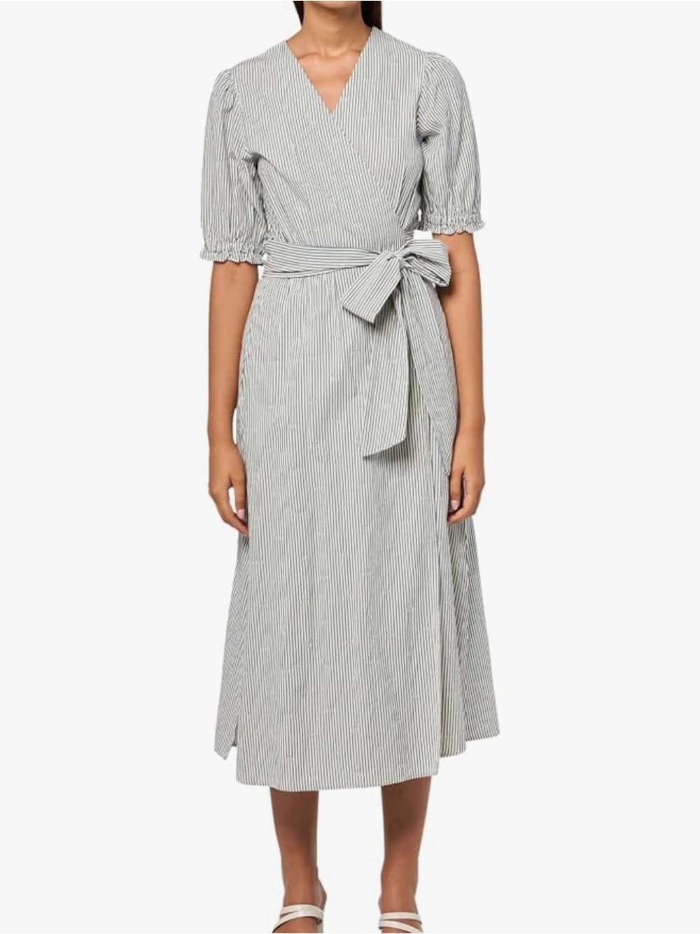 Pendleton Puff Sleeve Wrap Dress Blue White Stripe Cotton Size Medium EUC